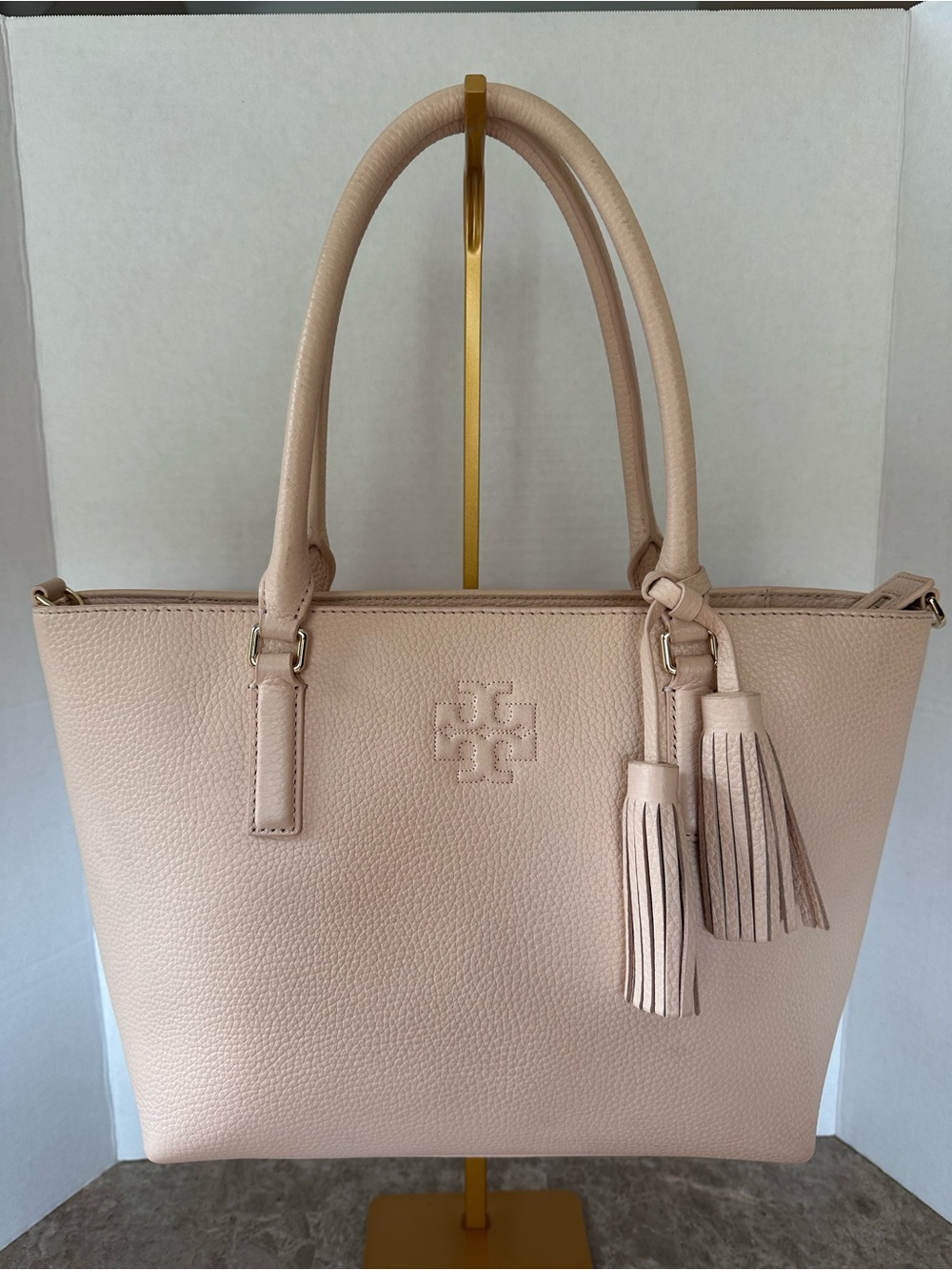 Tory Burch Blush Pink Pebbled Leather Tote Bag Tassel Shoulder HandBag Designer